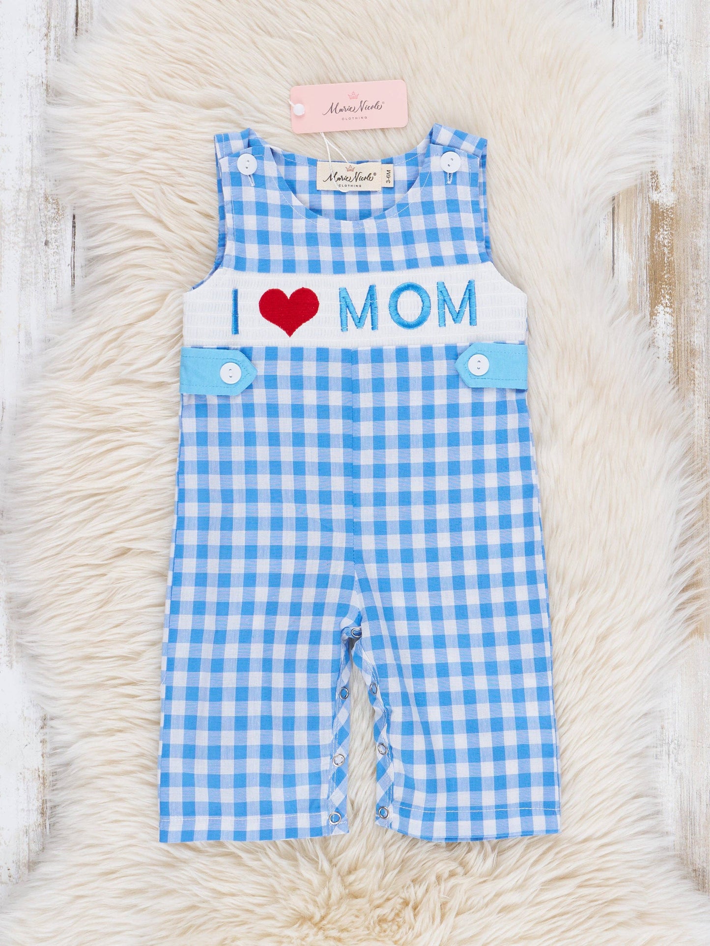 Blue Gingham Smocked Mom Love Johnny
