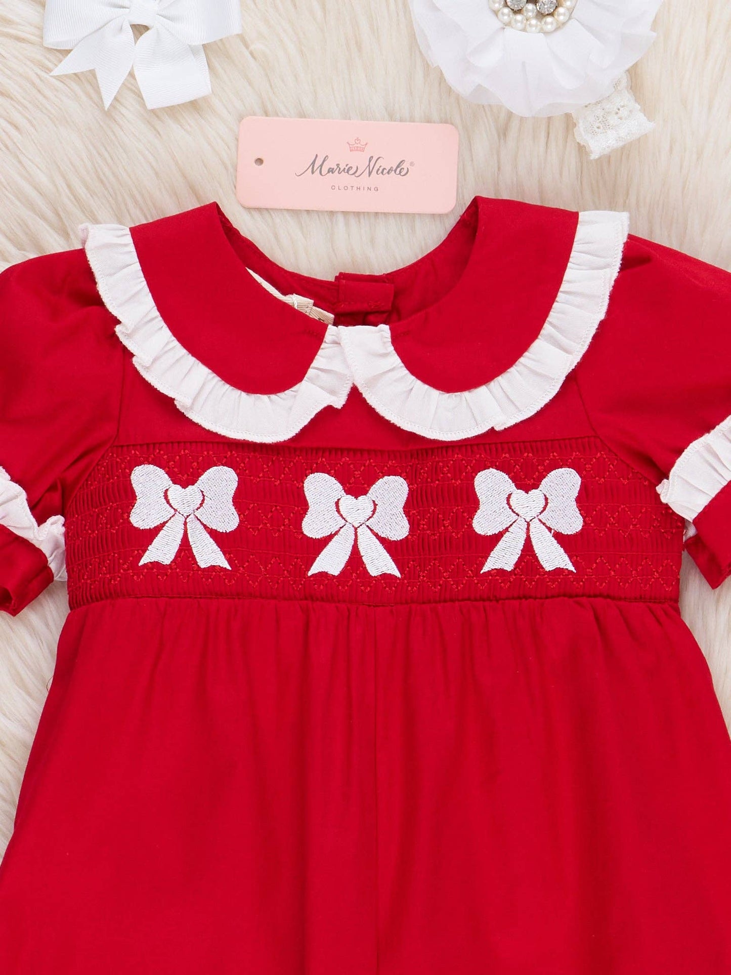Red Smocked Bows Ruffle Romper